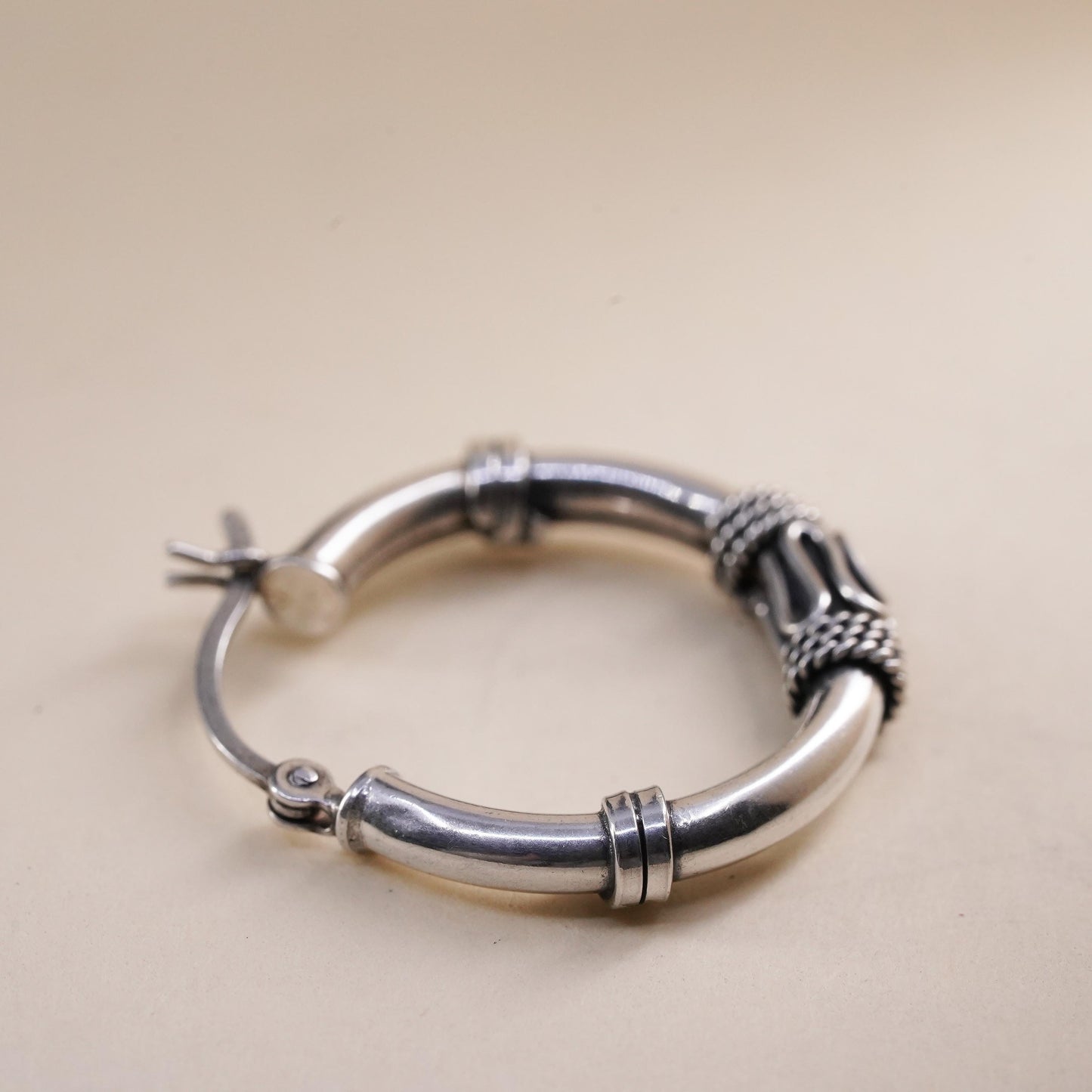 1", Vintage sterling silver loop single earring, textured wired hoop