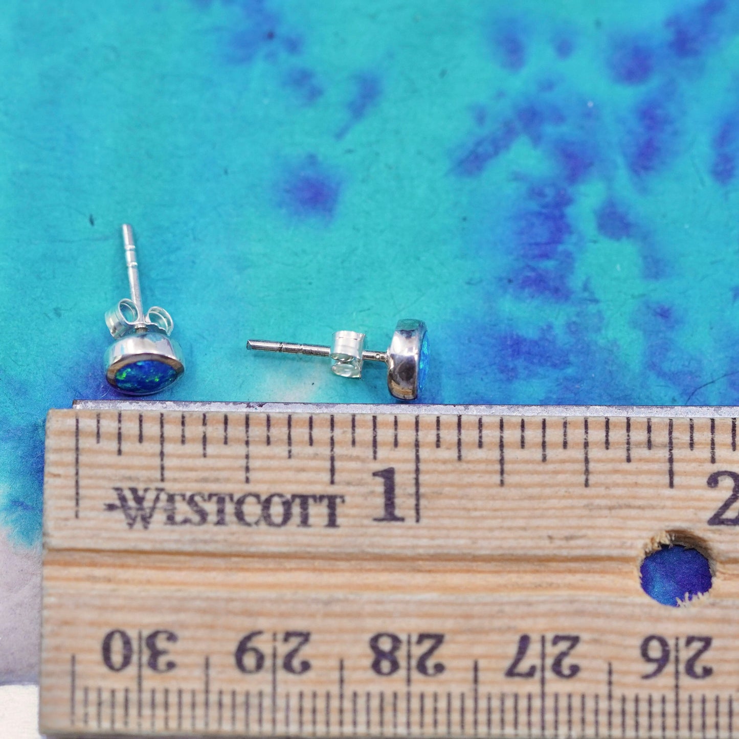 Vintage sterling silver handmade earrings, 925 round studs with opal inlay