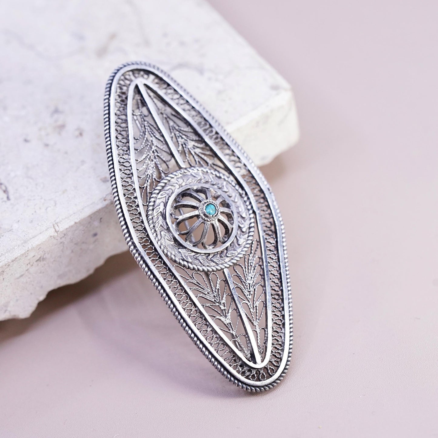 Vintage Native American sterling silver brooch, 925 filigree long pin turquoise