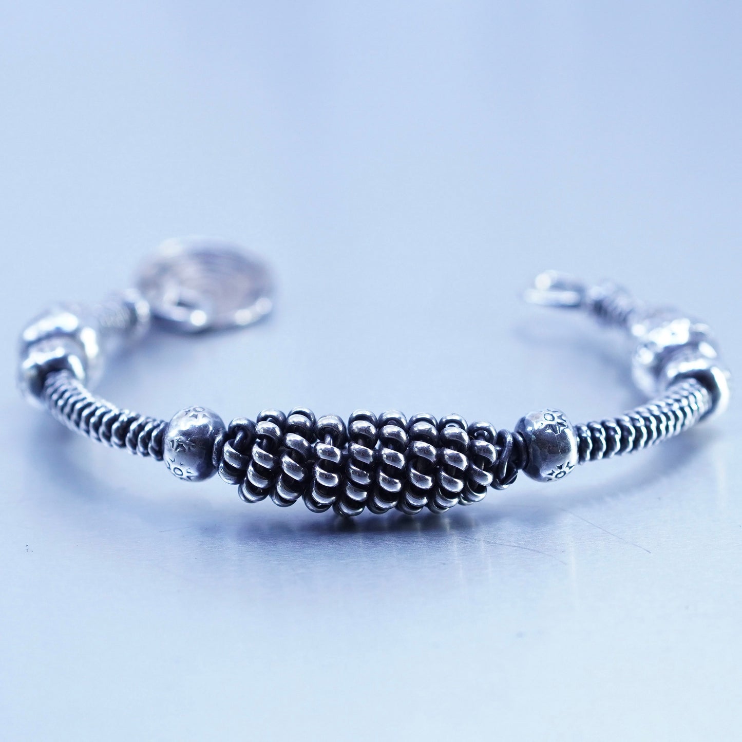 7.5”, Sterling 925 silver handmade bracelet, twisted cable cuff sprial charm