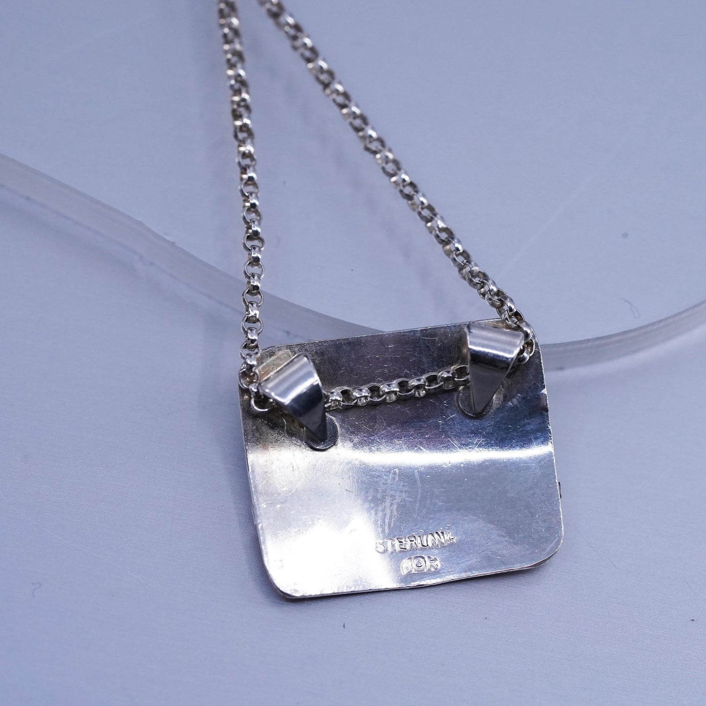16”, southwestern Sterling 925 silver bead necklace two tone landscape pendant