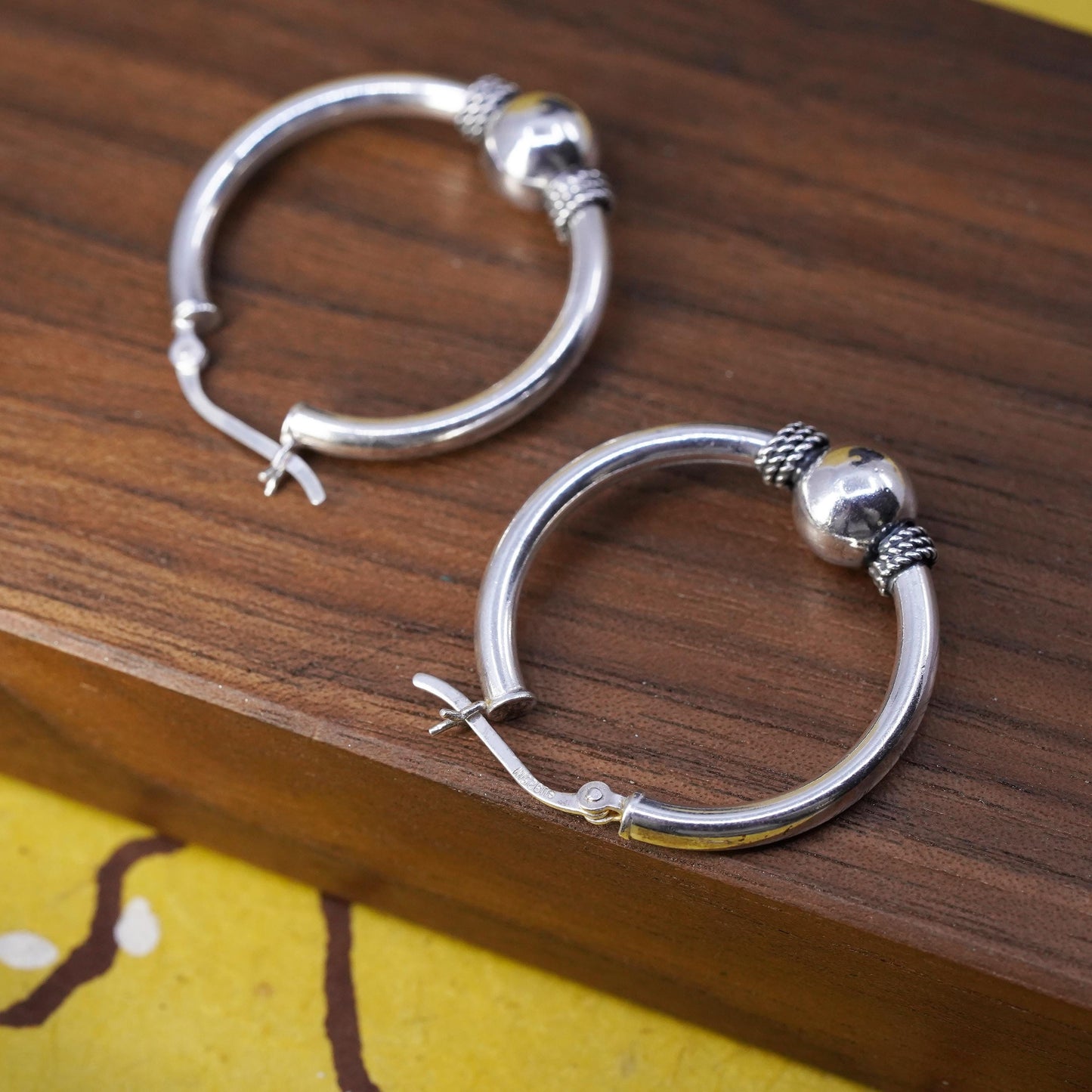 1.25", Indonesia Sterling silver earrings, 925 huggie hoops wired detail beads