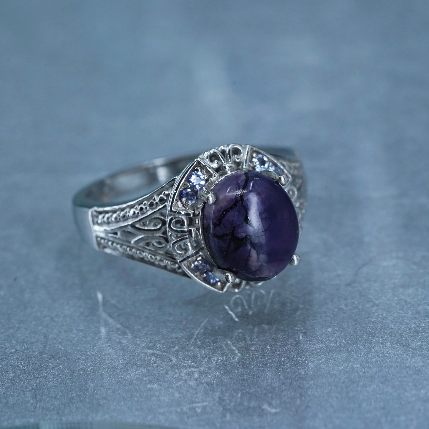 Size 10, Sterling 925 silver handmade ring with opalizted fluorite and amethyst