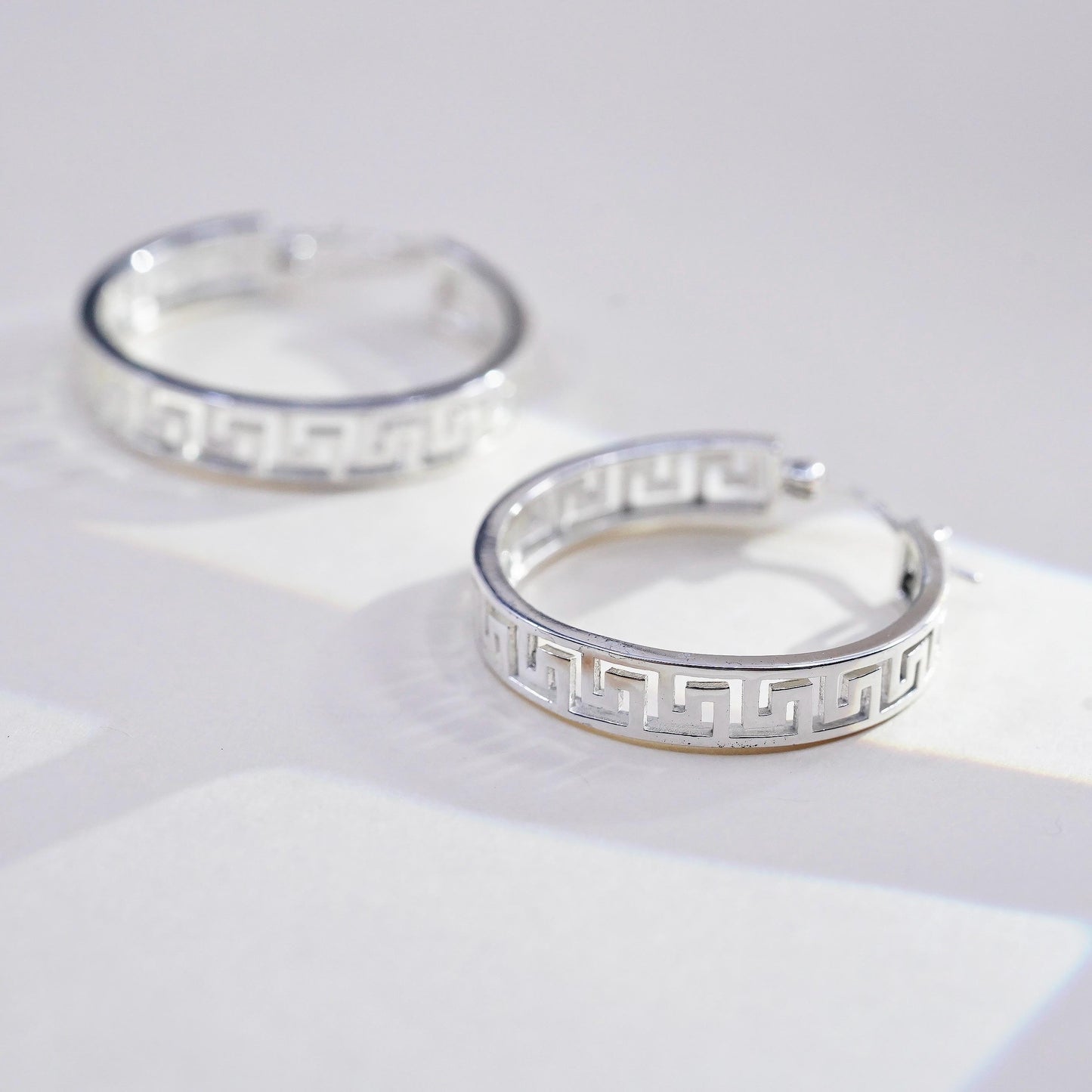 1", Vintage 925 sterling silver loop earrings, fashion Greek key openwork hoops