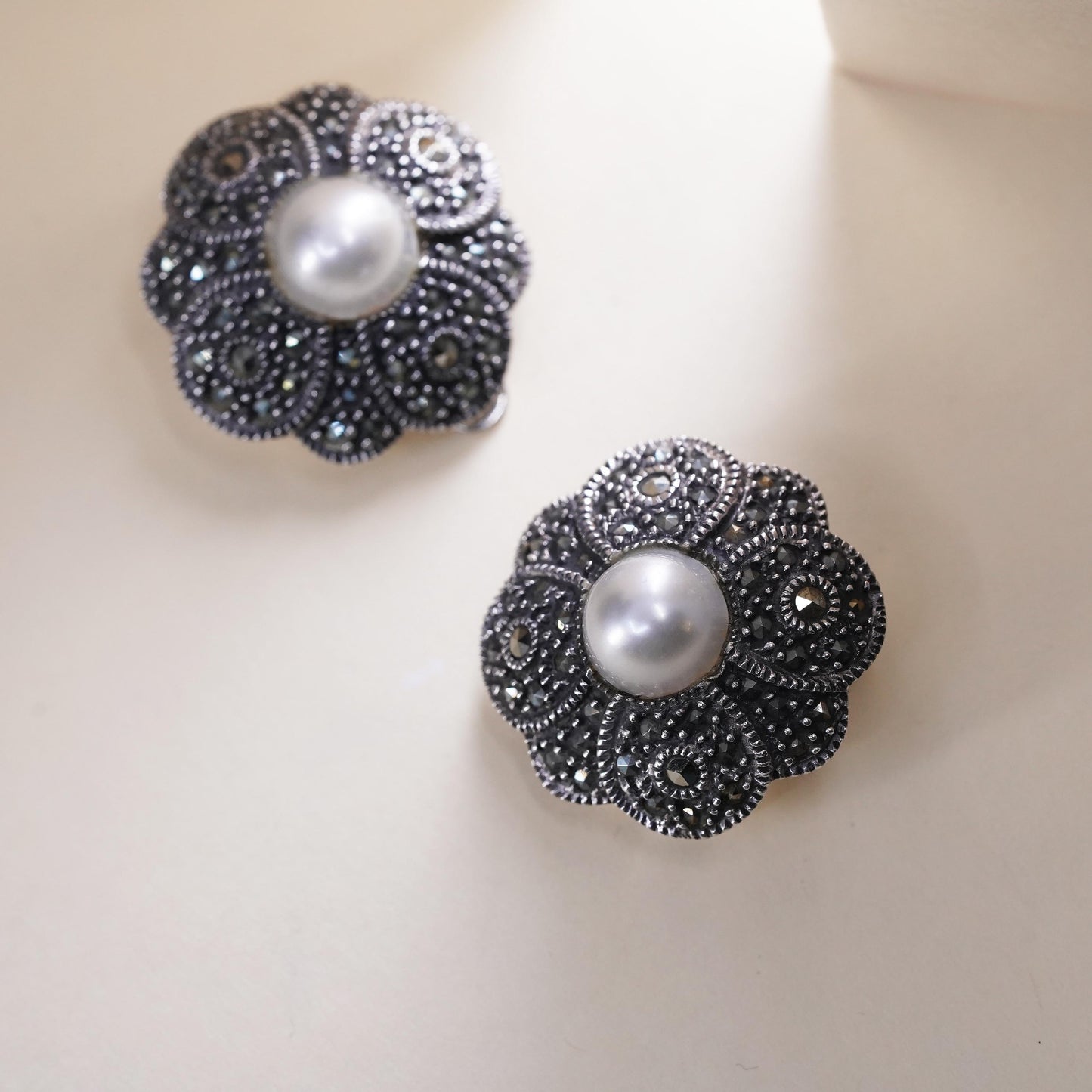 Sterling 925 silver filigree clip on earrings with pearl and cluster marcasite