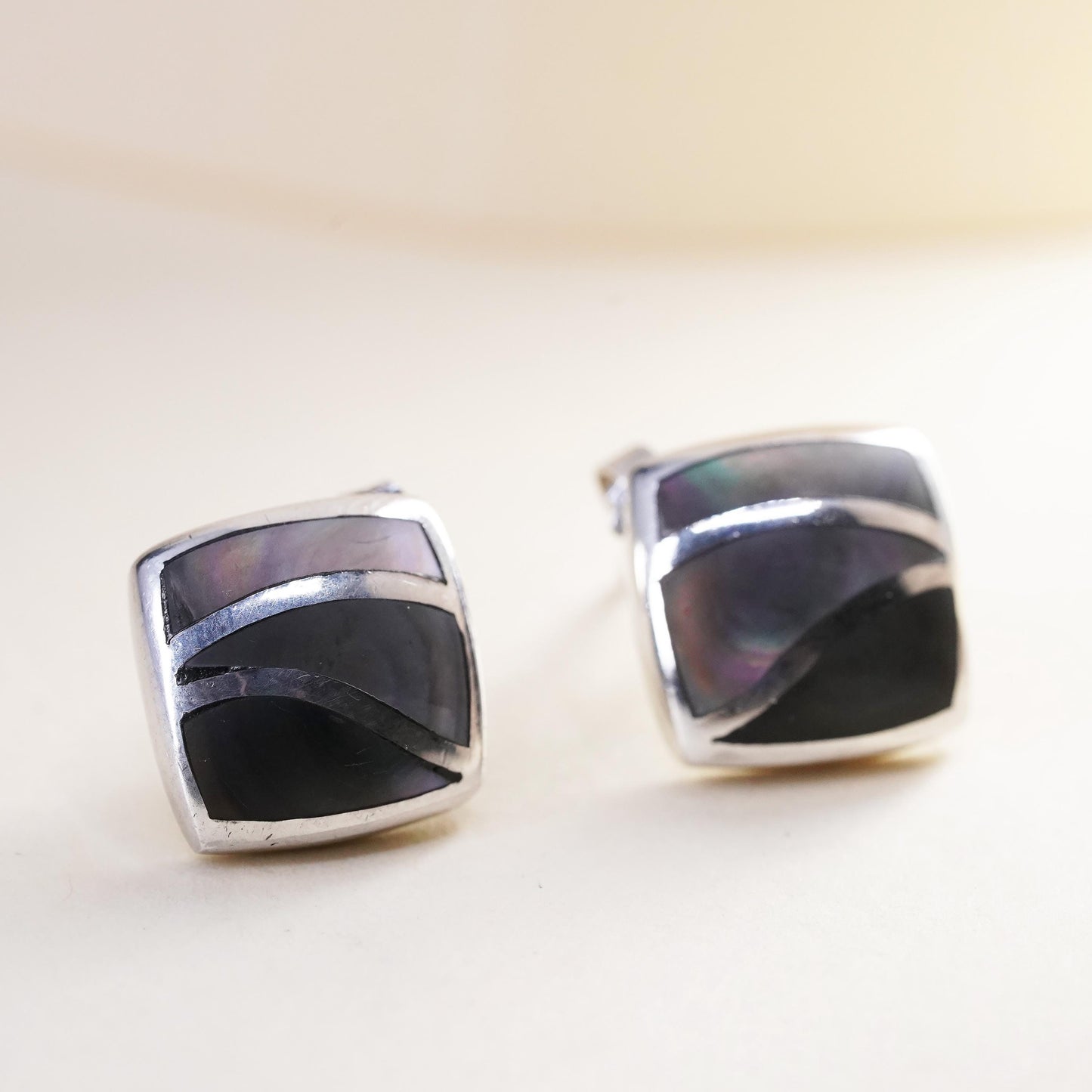 Vintage sterling silver handmade earrings, 925 square studs with abalone inlay