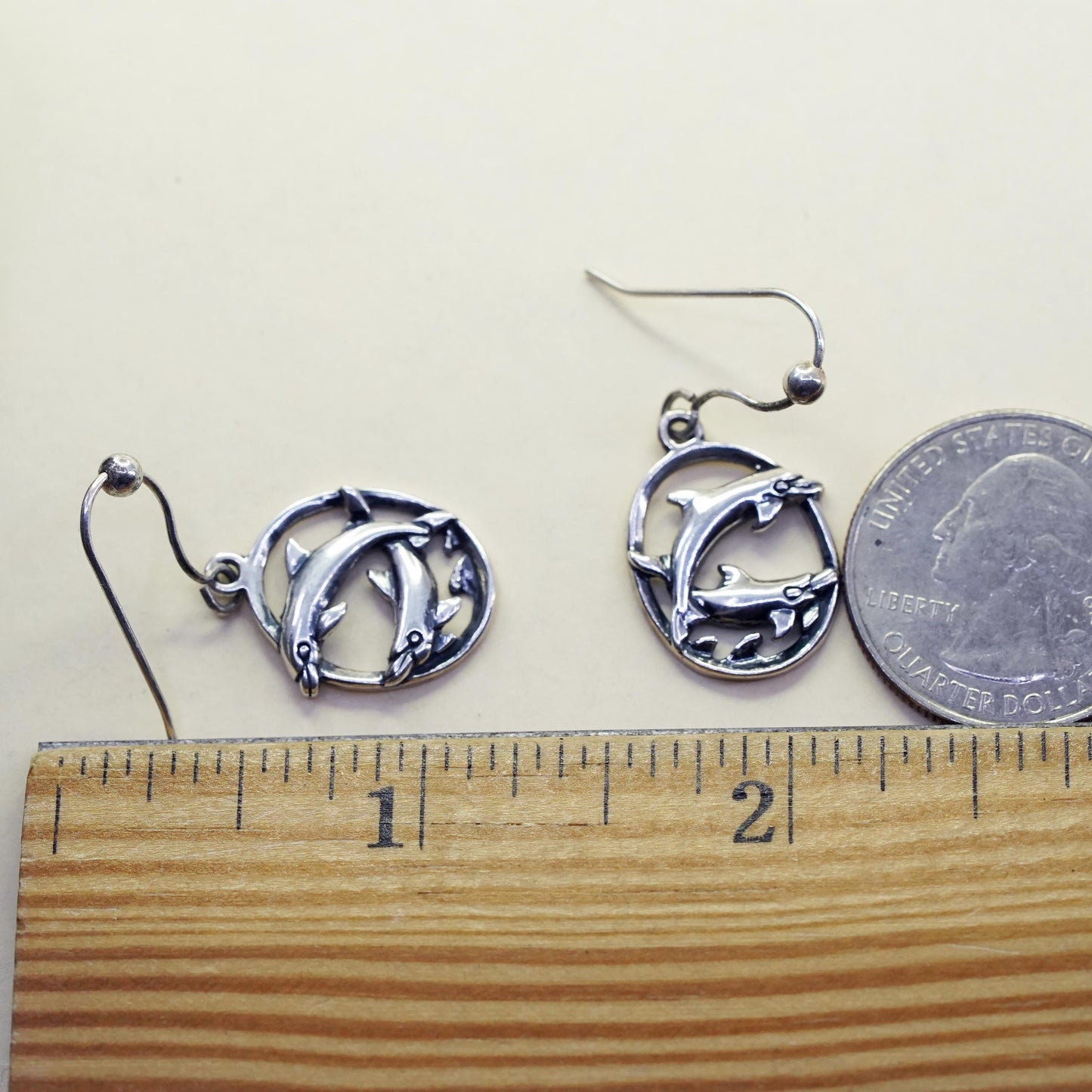 Vintage sterling 925 silver handmade dolphin drop earrings