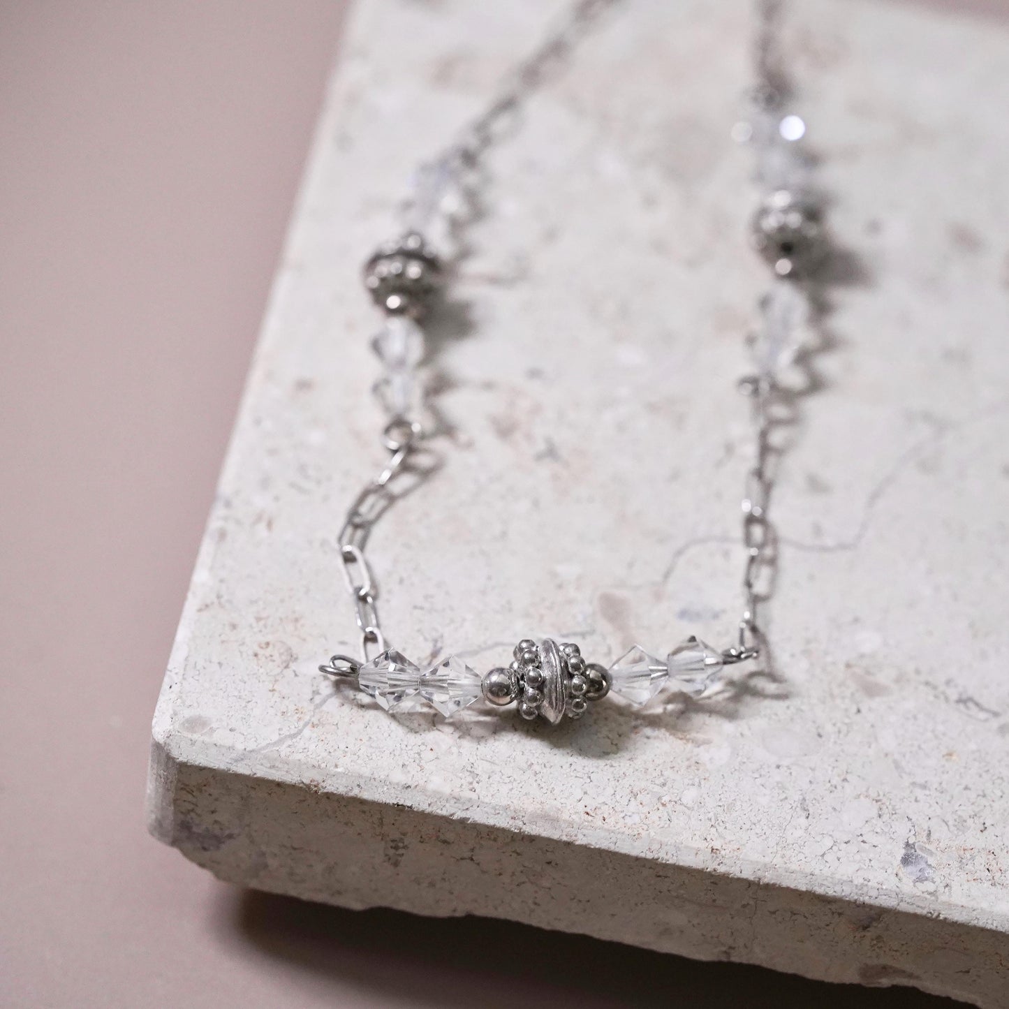 18", vintage Sterling silver necklace, 925 elongated chain with crystal beads