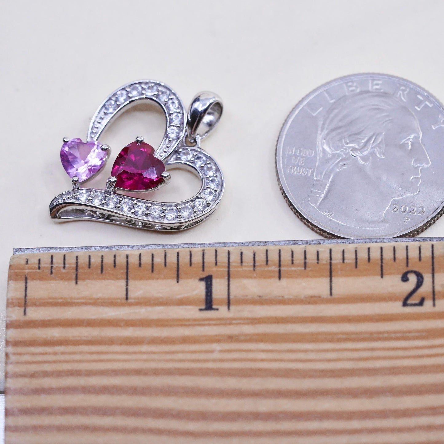 VTG SUN 925 Sterling silver Pendant, pink sapphire ruby heart cluster diamonds