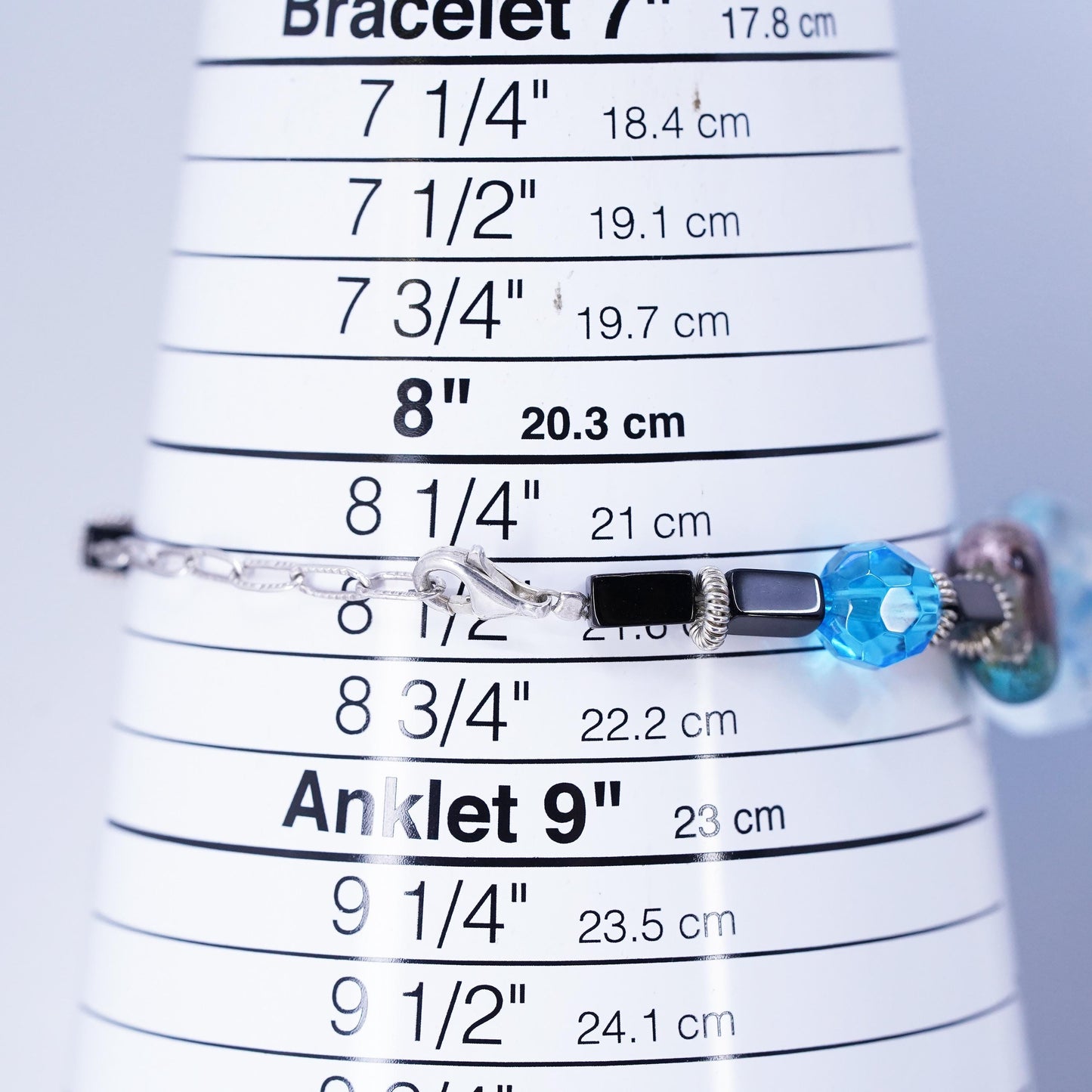 7.5+1", Sterling 925 silver Bracelet with Blue Foiled Glass heart onyx cubes