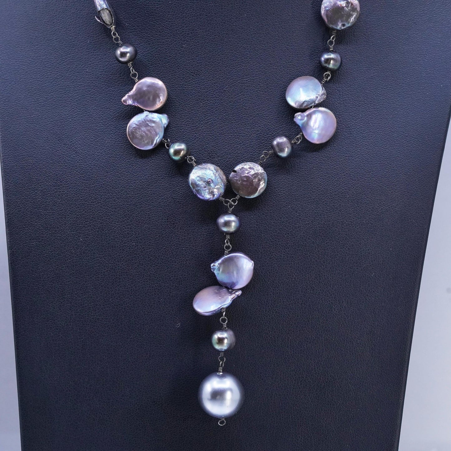 18+2" Vintage Sterling 925 silver handmade necklace black baroque pearl beads