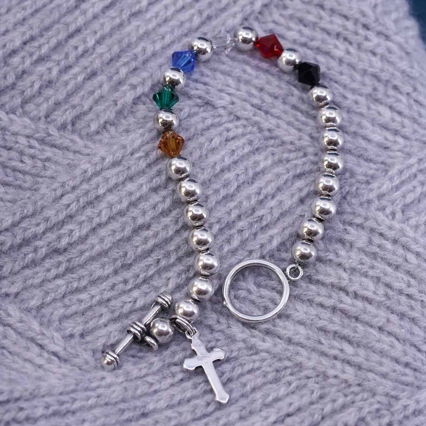 6.25” Italy Sterling silver handmade chain, 925 beads bracelet with cross charm