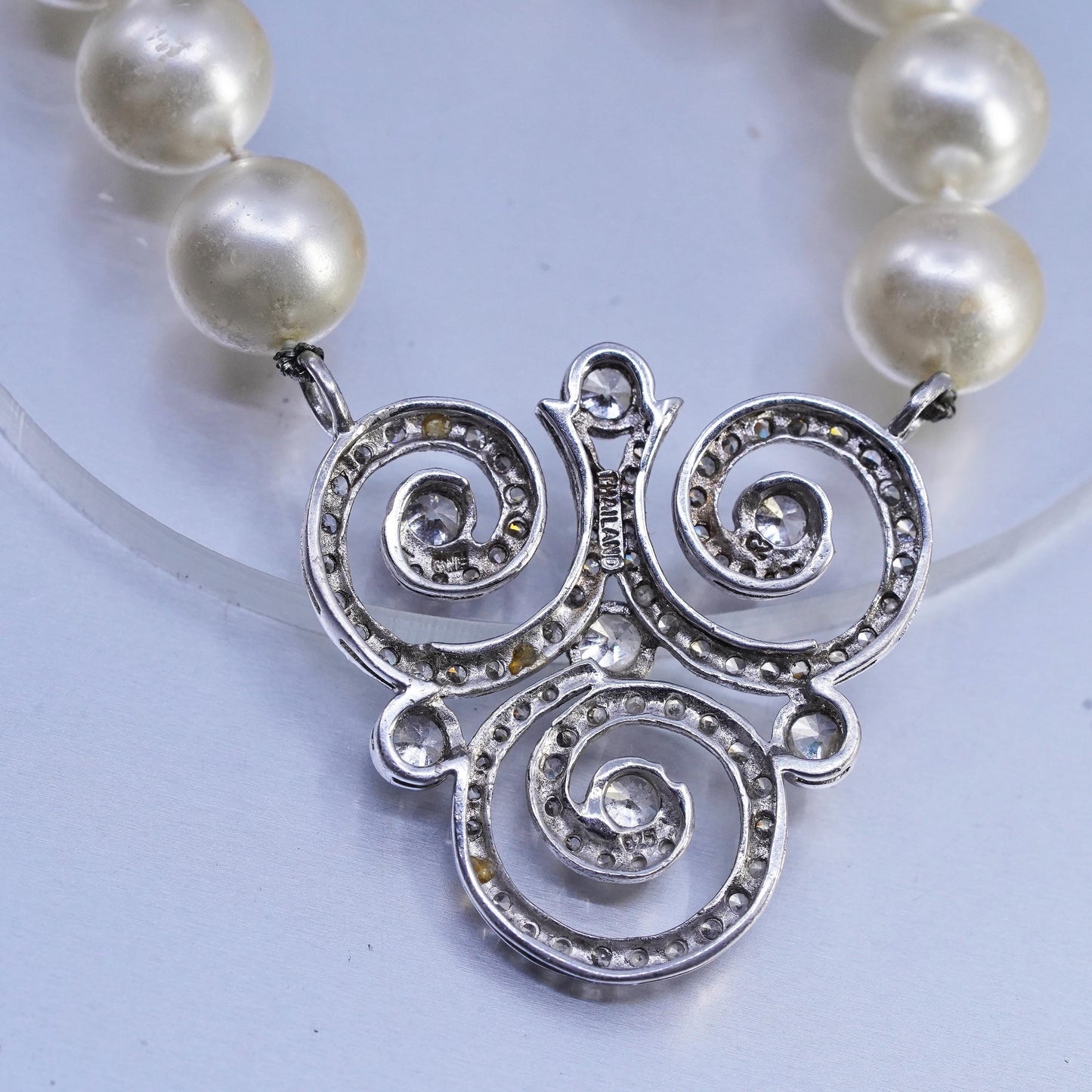 16", CWE Sterling 925 silver necklace pearl beads cluster cz spiral pendant