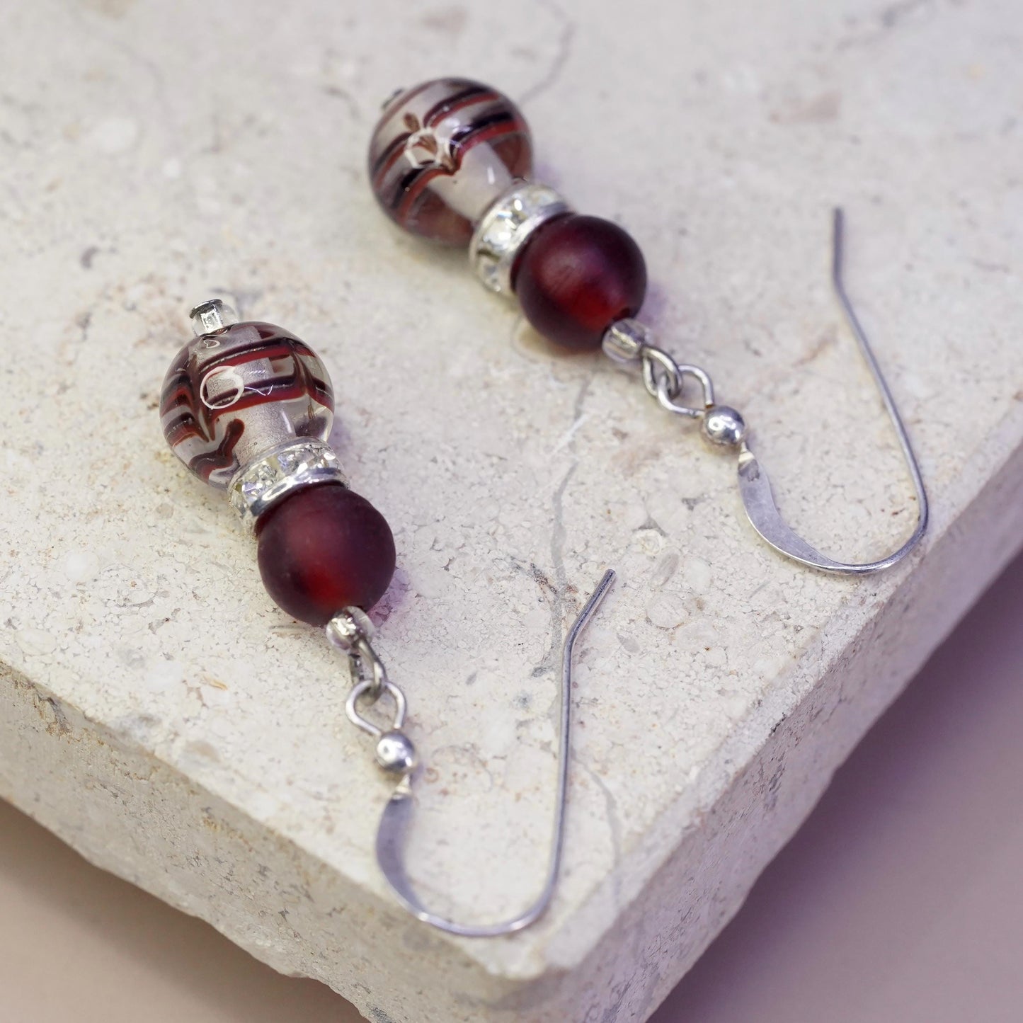 Vintage sterling silver handmade earrings, 925 hooks with red glass bead