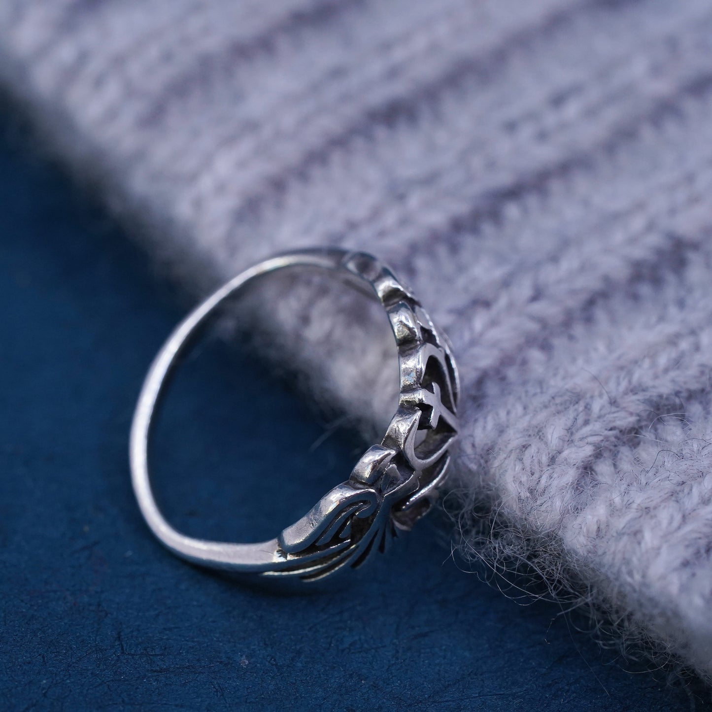 Size 5.5, sterling silver handmade ring, 925 filigree heart angel band cross