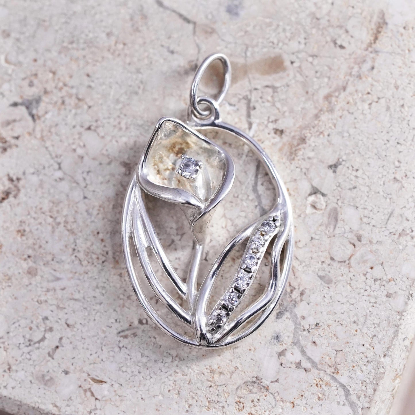 Vintage Sterling silver handmade pendant, 925 lily flower with cz