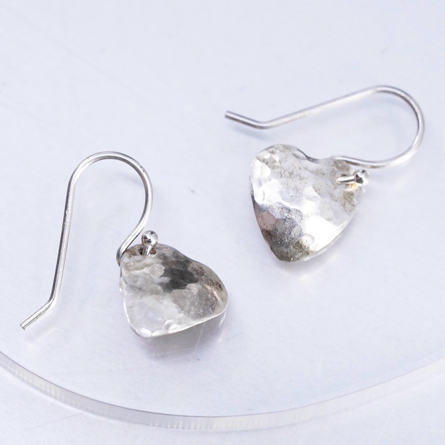 Vintage Sterling 925 silver hammered heart tag earrings