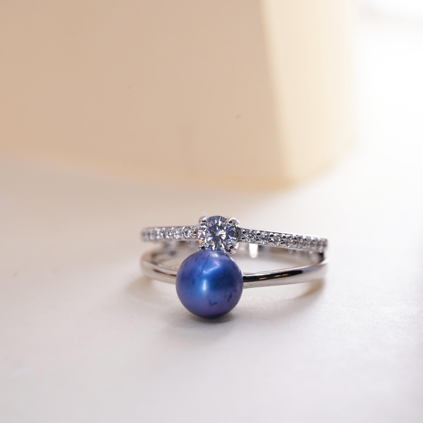Size 6, vintage Sterling silver 925 handmade ring with blue pearl and cz