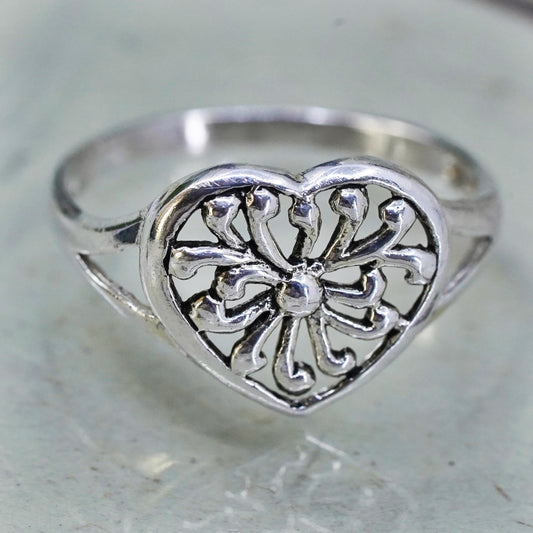 Size 7.5, Vintage sterling silver handmade wired ring, 925 filigree heart band