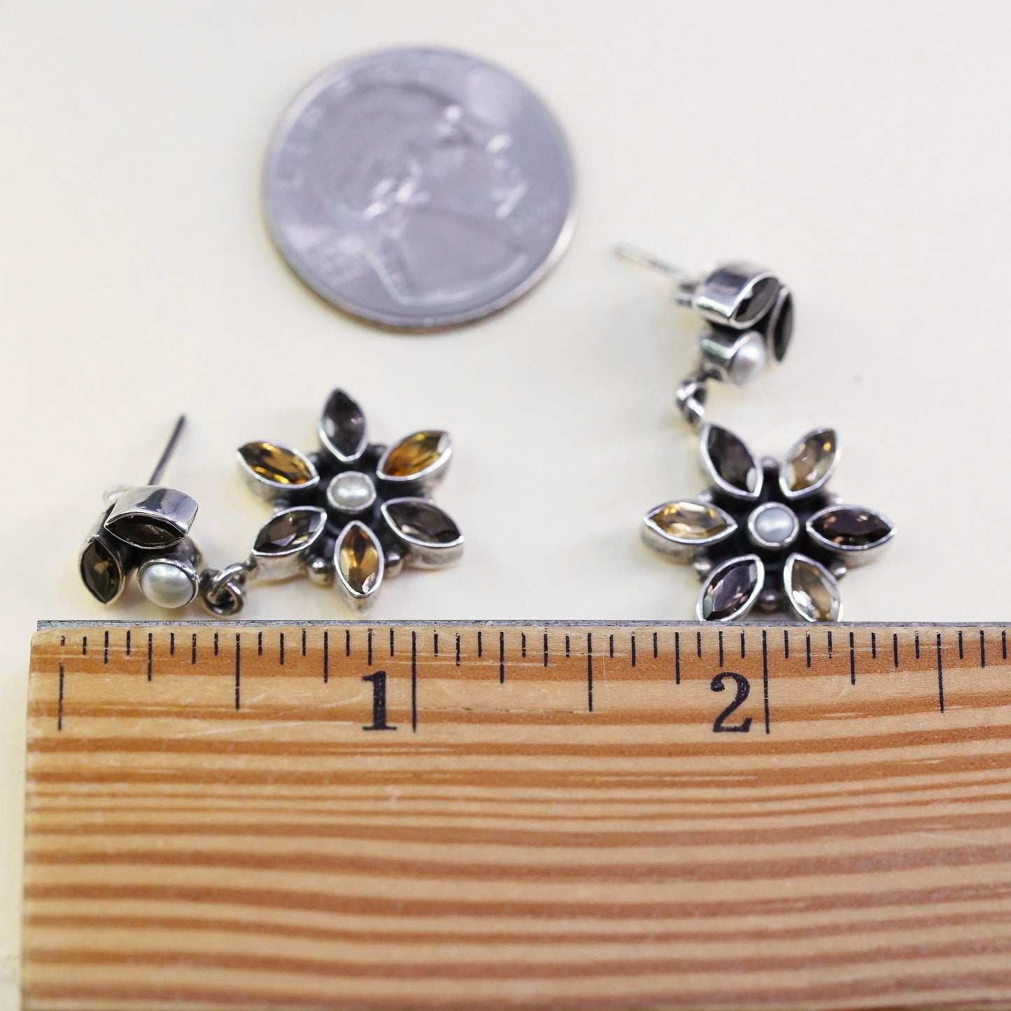 Sterling silver earrings, 925 multi gemstones flower citrine pearl smoky quartz