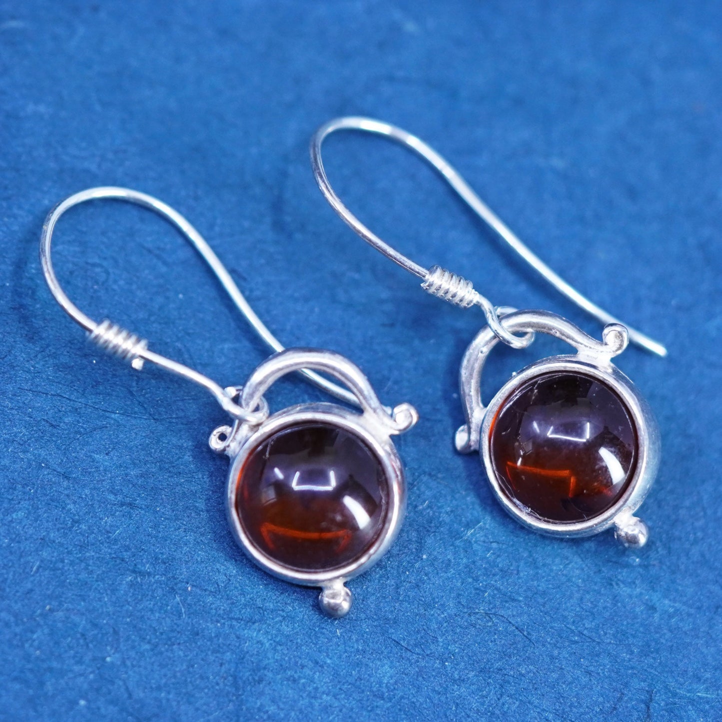Vintage sterling 925 silver handmade earrings with round amber