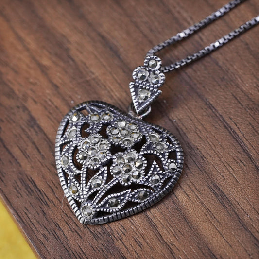 18" 1mm, Sterling silver necklace, 925 box chain with heart marcasite pendant