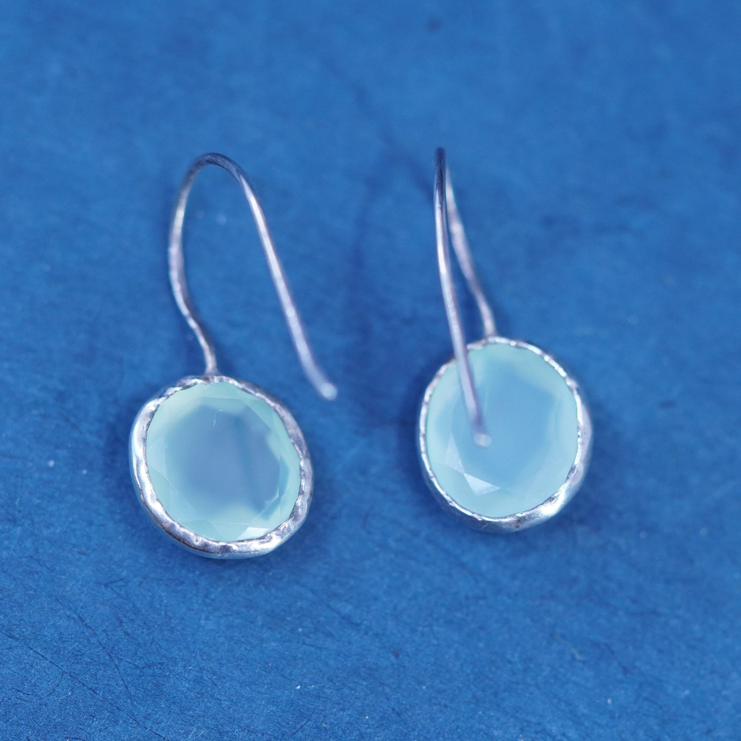 Vintage Sterling 925 silver handmade earrings with oval blue Chalcedony Dangles