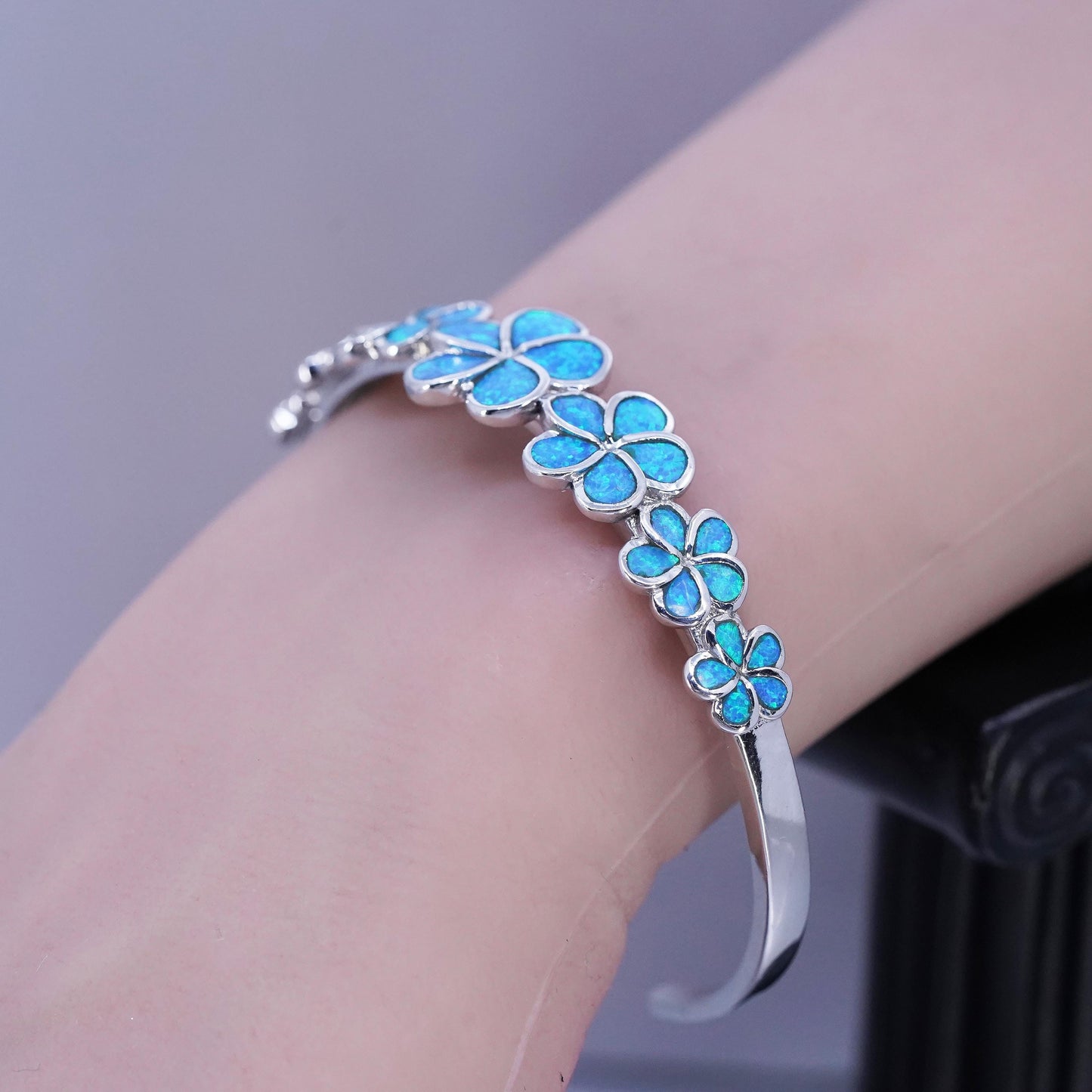 7.5”, vintage Sterling 925 silver handmade plumeria bracelet, cuff blue opal