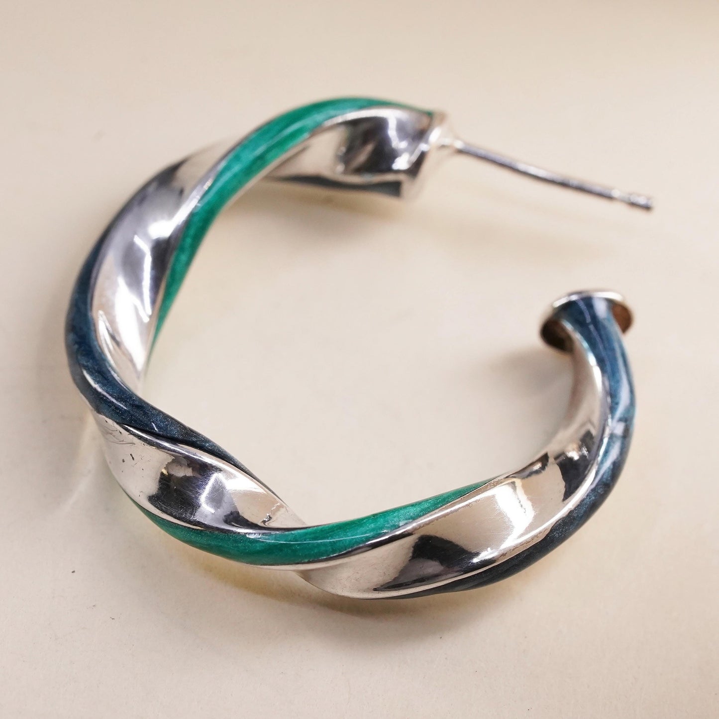 1.25", Vintage sterling silver loop single earring, twisted hoop green enamel