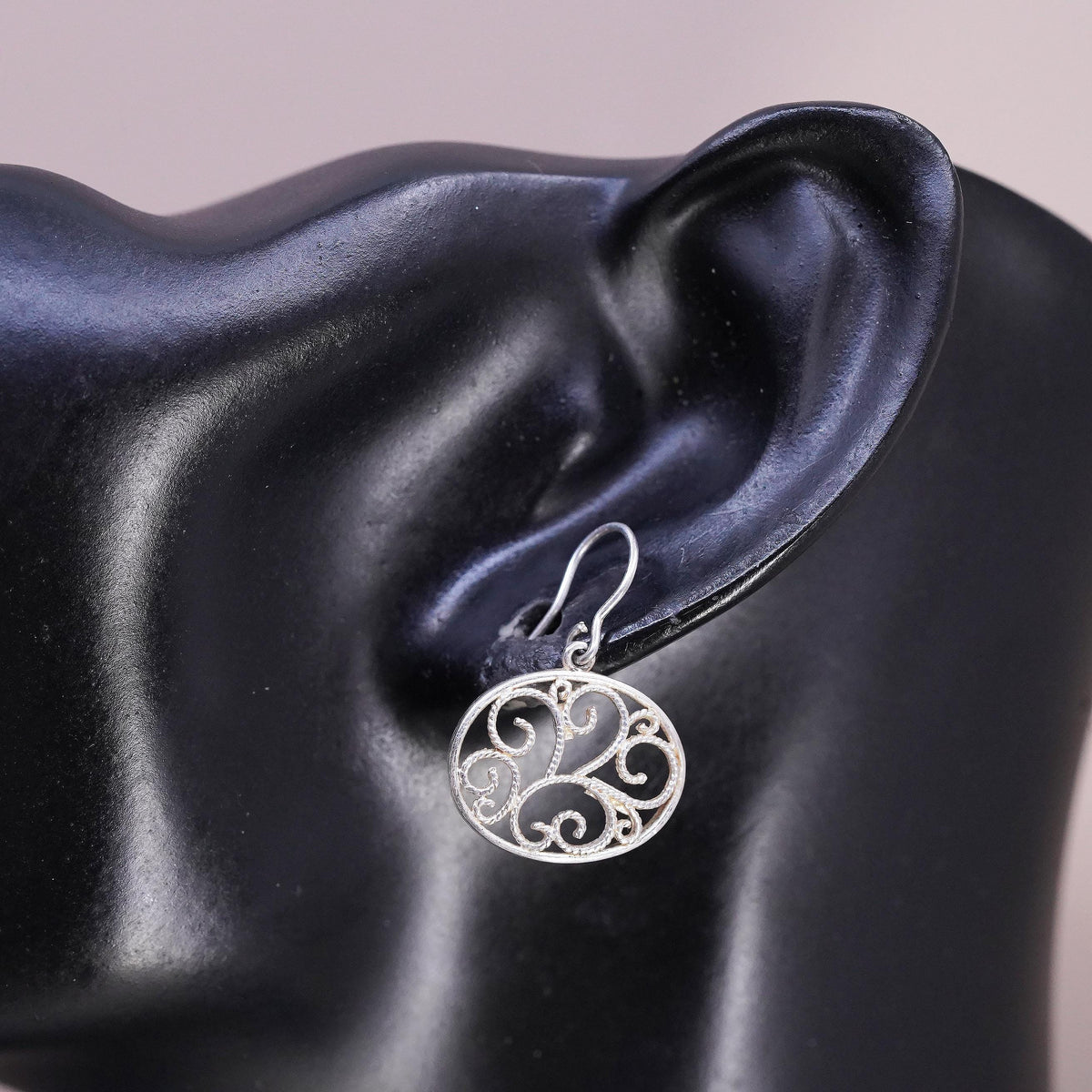 Vintage sterling silver handmade earrings, 925 filigree oval dangles