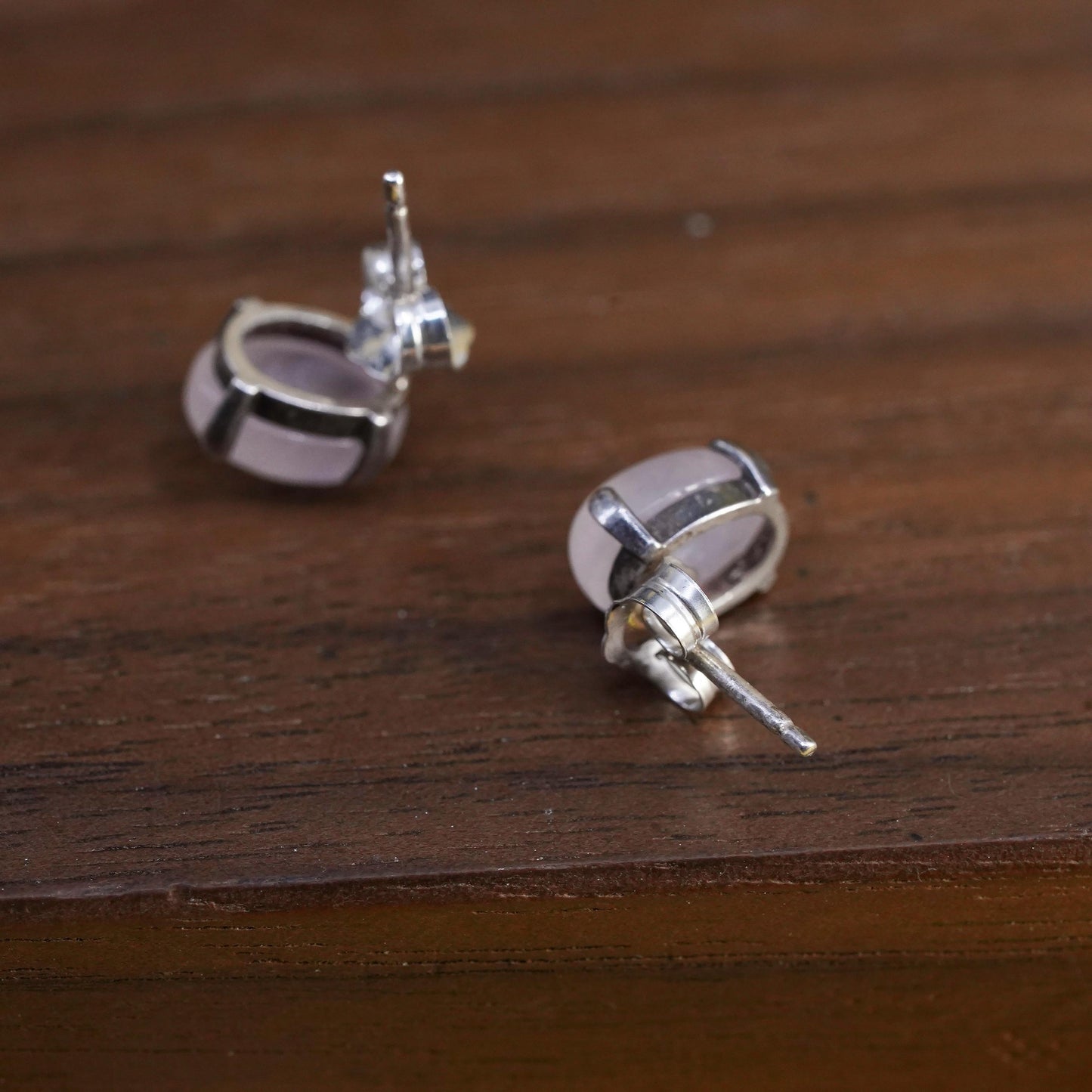 Vintage Sterling silver handmade earrings, 925 oval studs with pink quartz