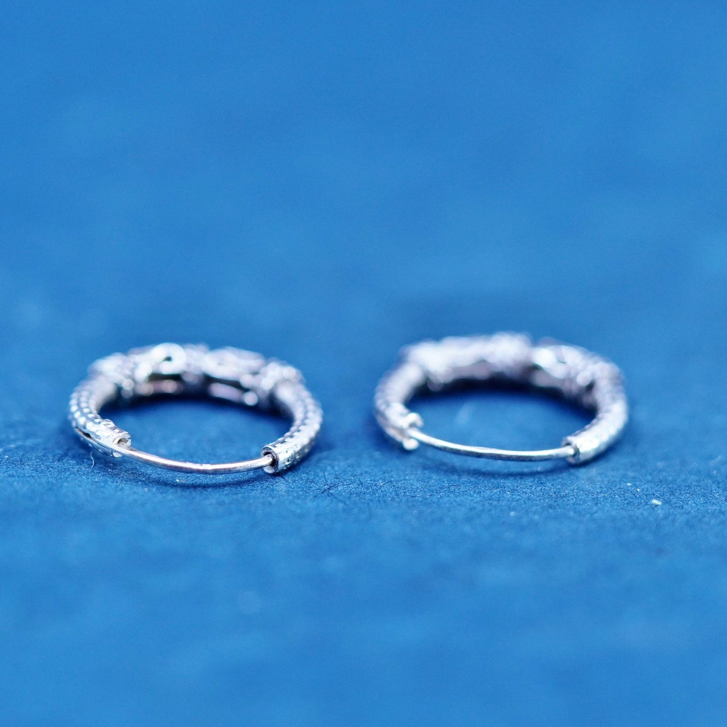 0.75”, Vtg Sterling silver handmade earrings, 925 textured hoops, huggie