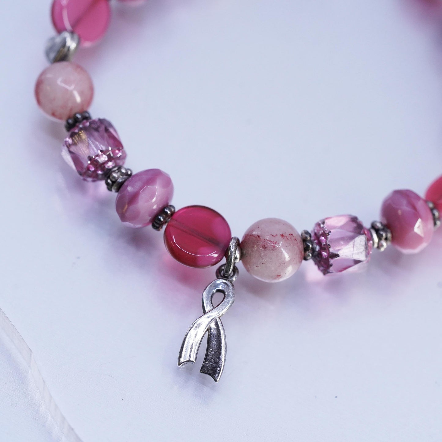 6.5", Sterling 925 Silver Bracelet pink Agate cure breast cancer ribbon charm