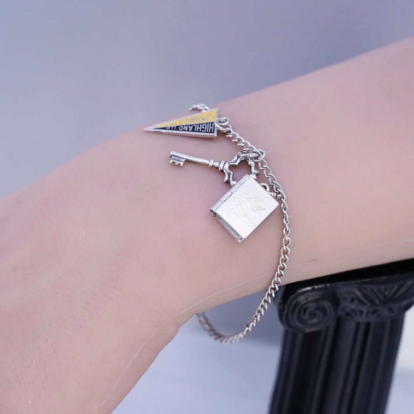 6.75" Sterling 925 silver curb bracelet photo locket, highland springs charms