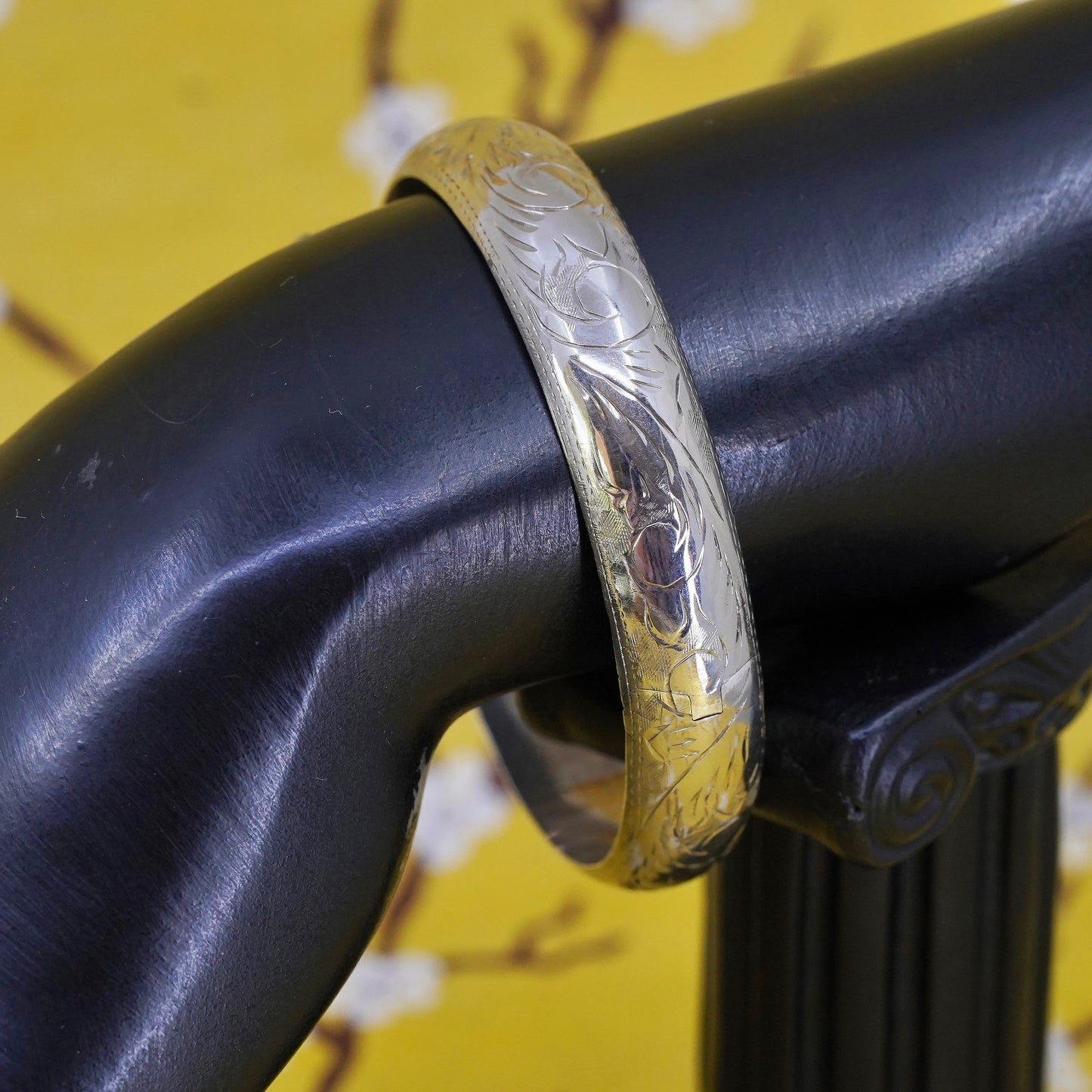 7.25”, Vintage Sterling silver handmade bracelet, 925 textured hinged bangle