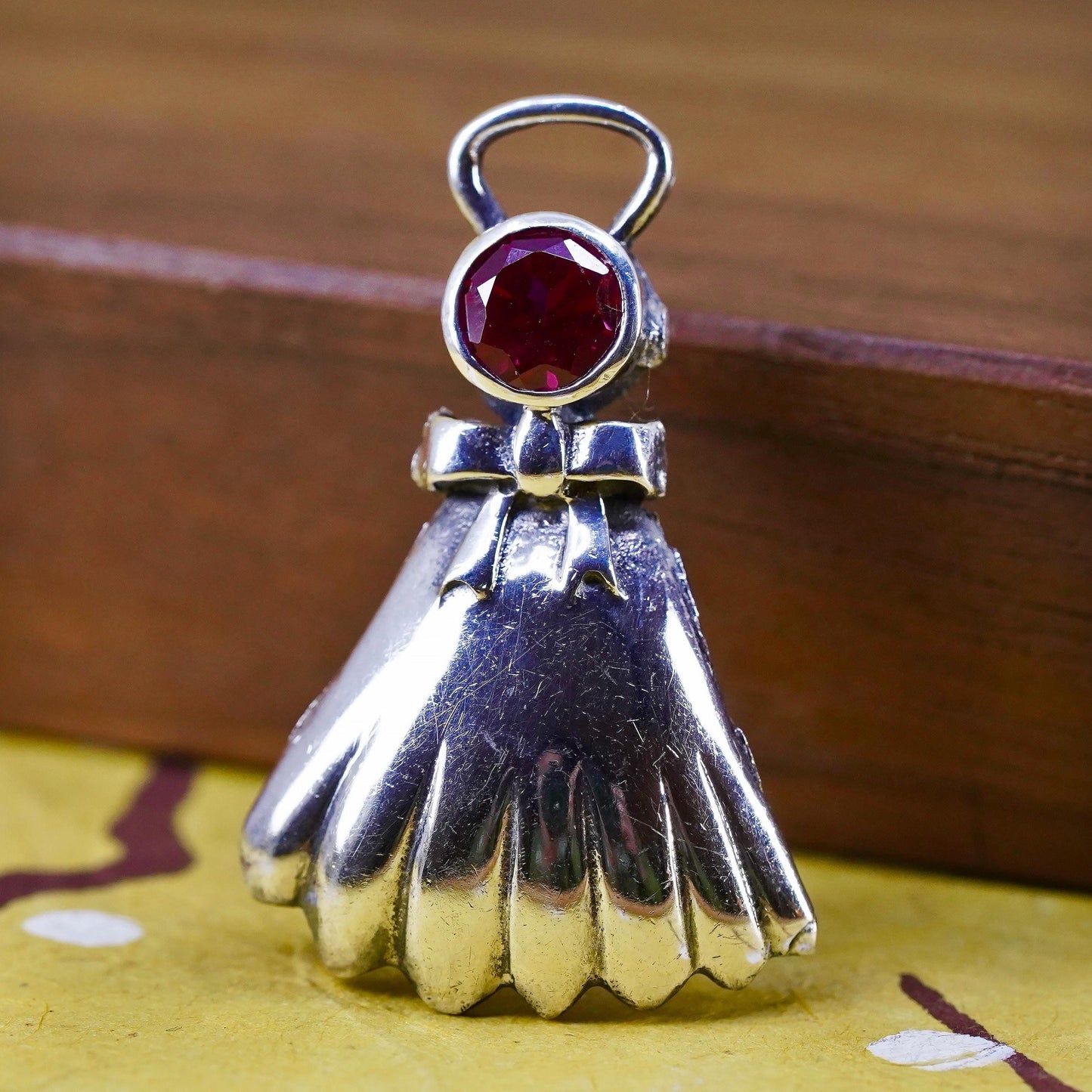 Vintage Sterling silver handmade pendant, 925 angel charm with ruby