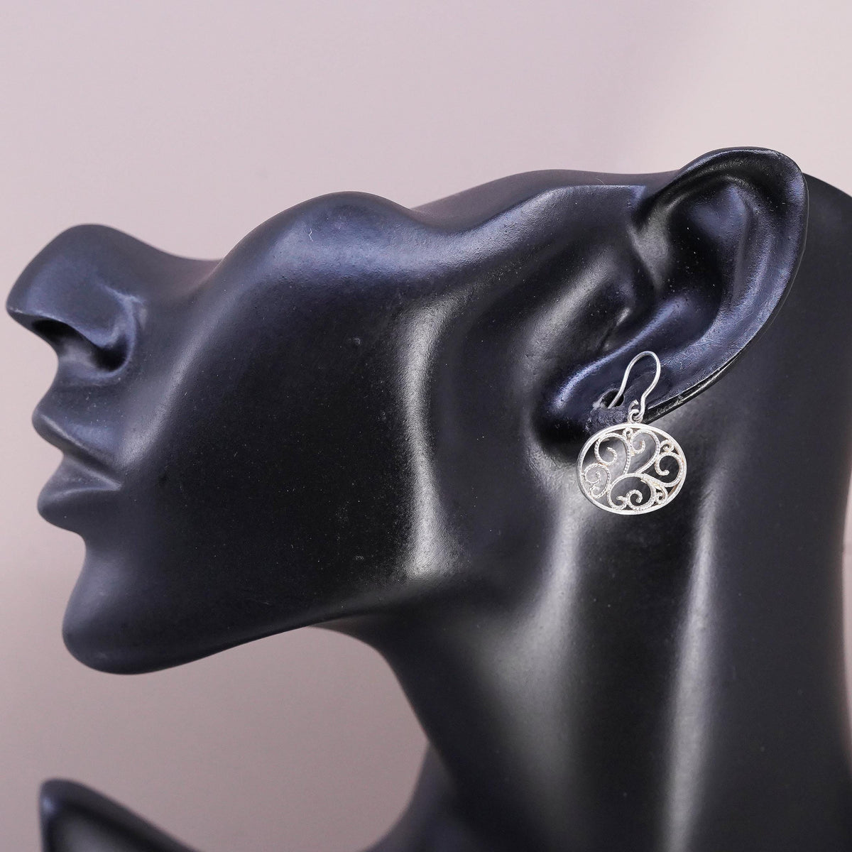 Vintage sterling silver handmade earrings, 925 filigree oval dangles