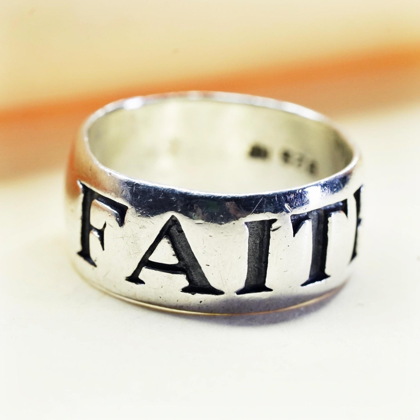 Size 6, vintage Sterling 925 silver handmade relief Faith ring band