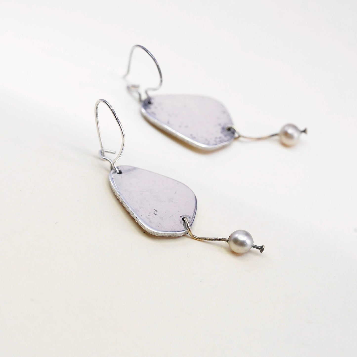 Vintage sterling silver 925 handmade tag earrings with pearl dangles