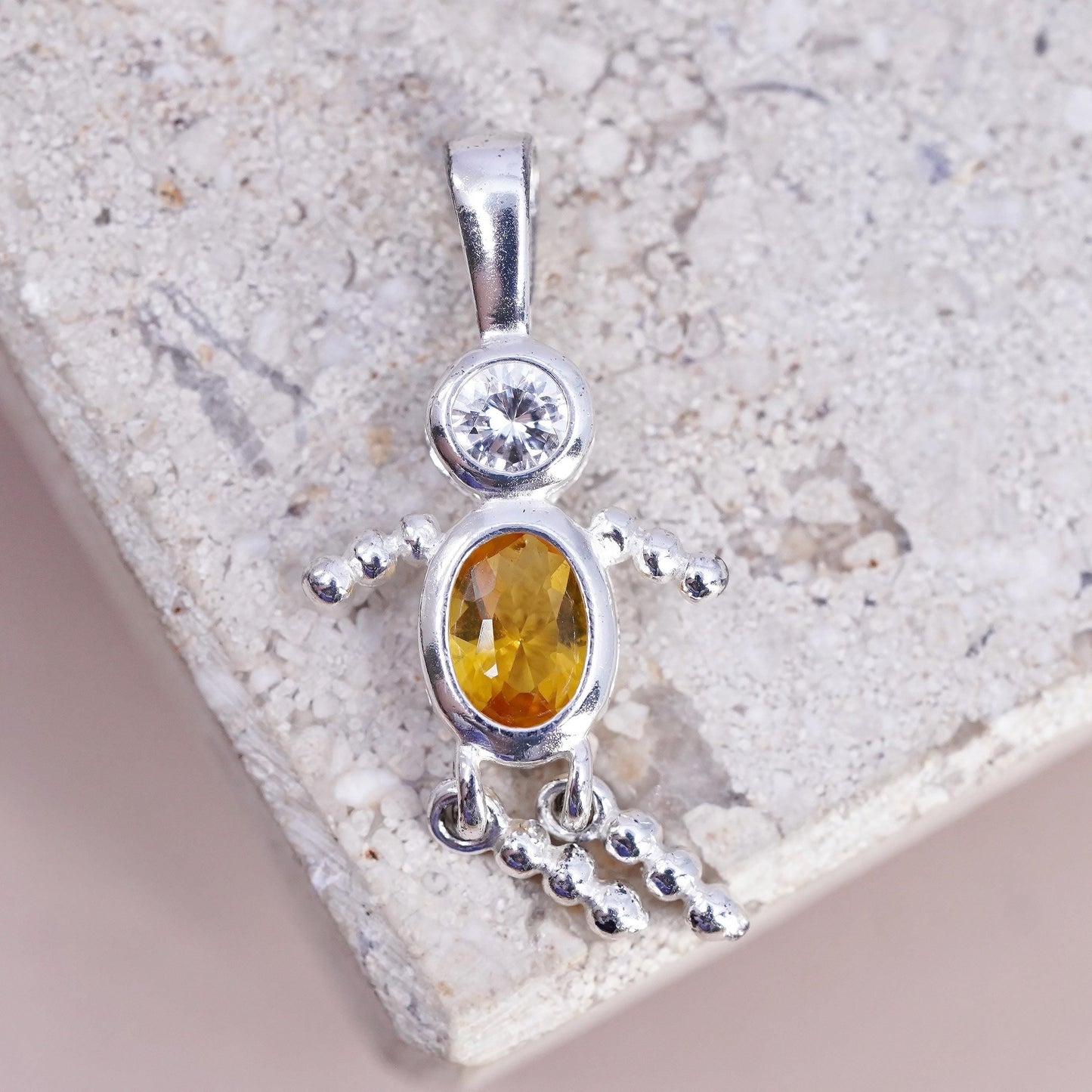 Sterling silver handmade birthstone pendant, 925 citrine boy figure charm