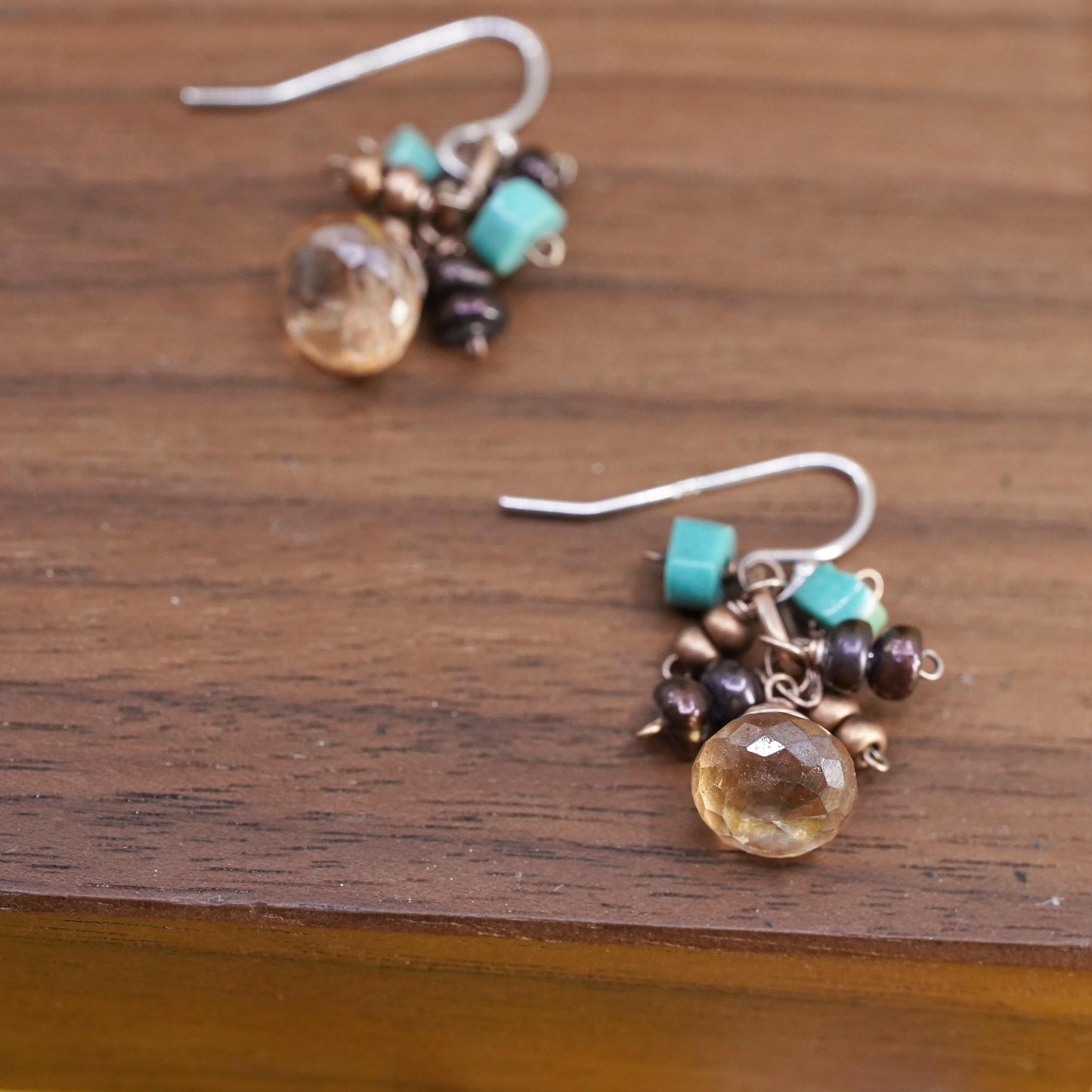VTG sterling silver handmade earrings, 925 teardrop citrine turquoise beads