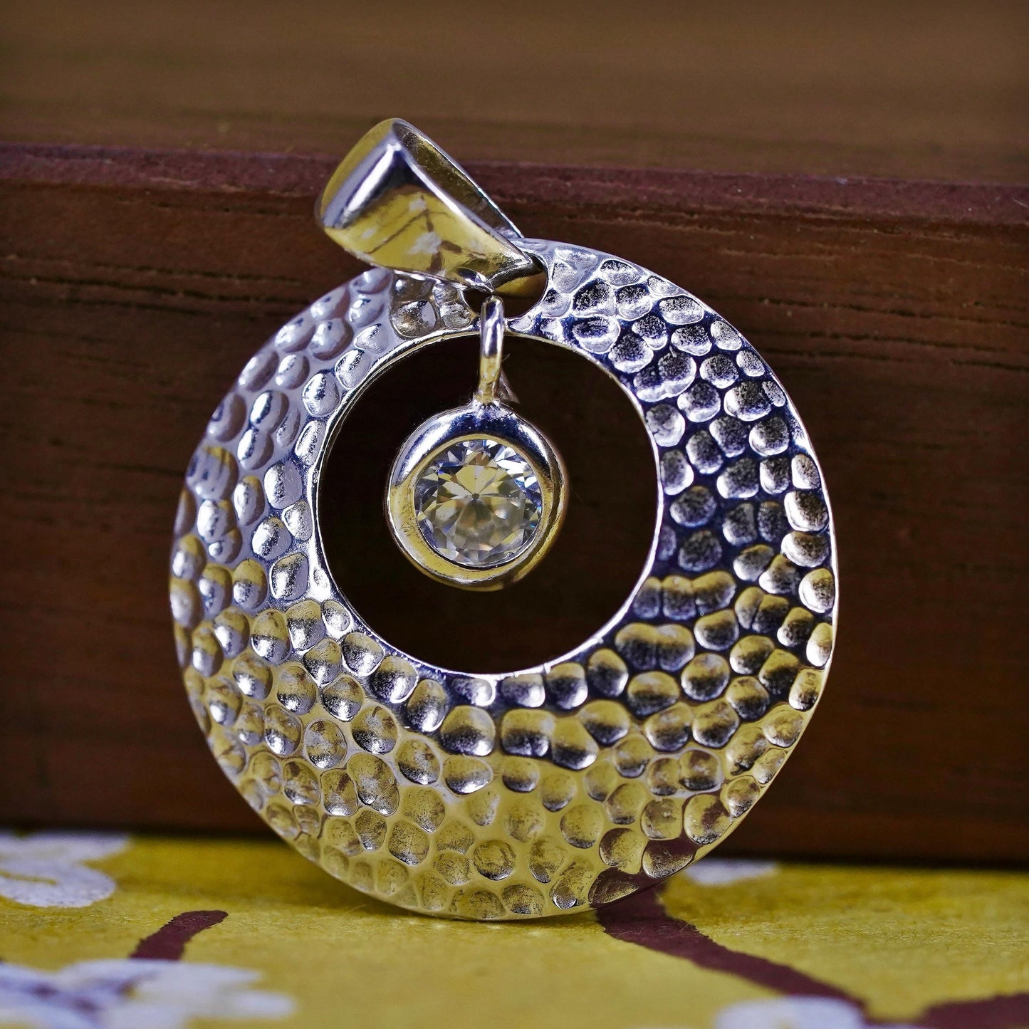 Vintage Sterling silver handmade pendant, 925 hammered circle charm with cz