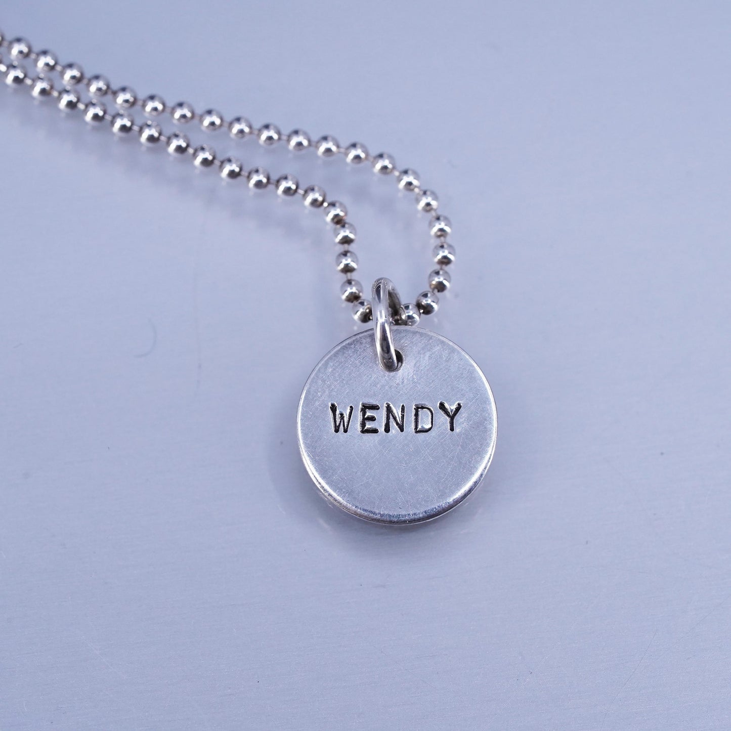 18”, Sterling 925 silver handmade bead chain necklace with name Wendy pendant