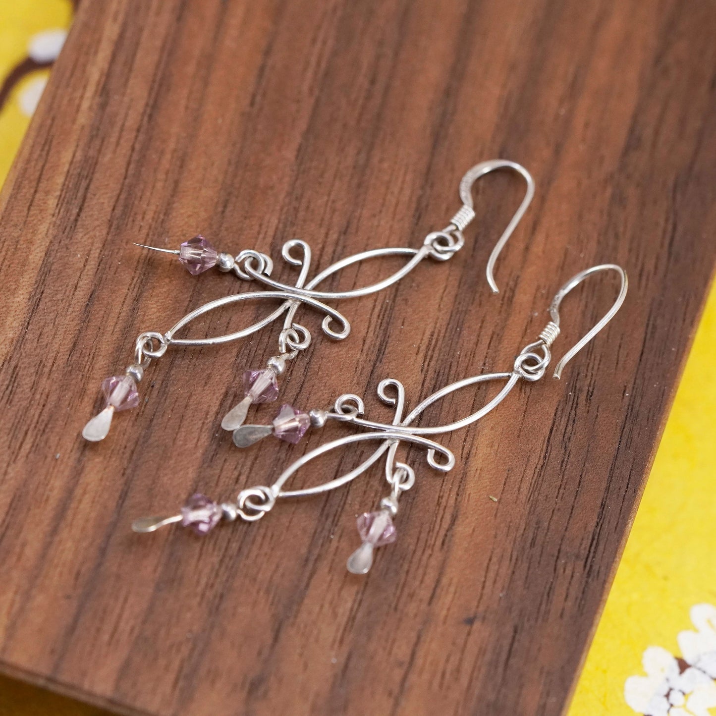 Vintage Sterling silver handmade earrings, 925 swirl wired dangles with crystal