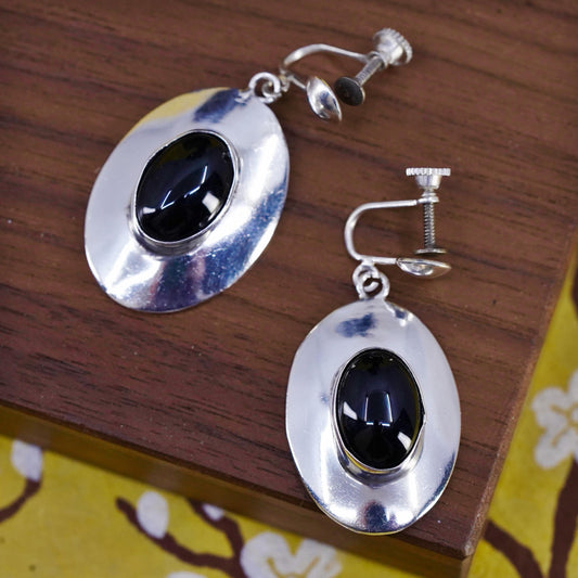 Vintage Sterling 925 silver handmade screw back ova earrings with black onyx