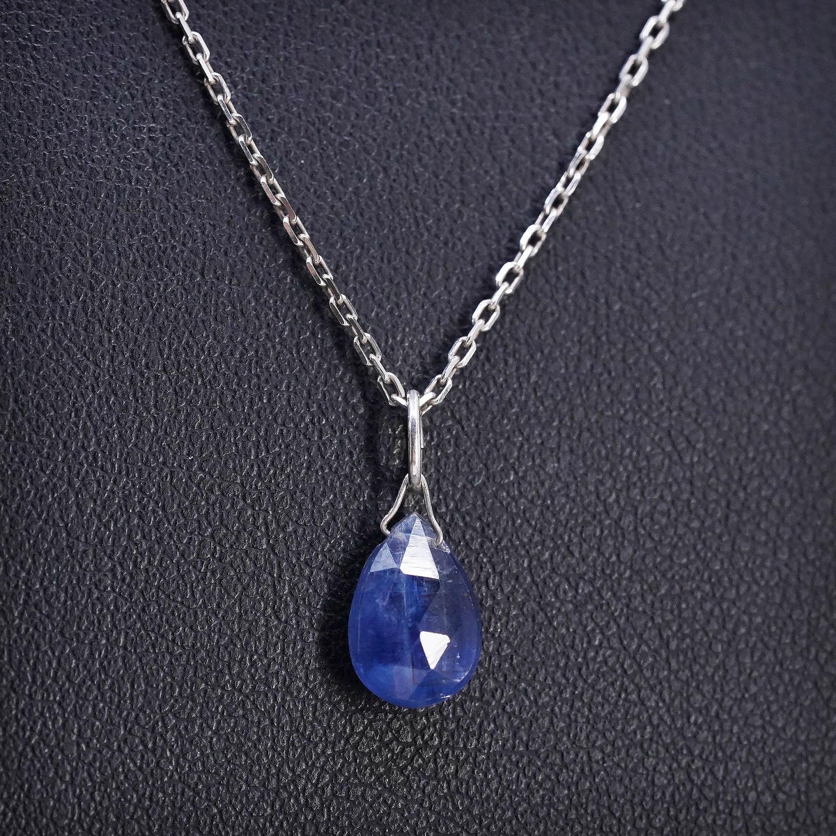 16+2”, Natural Blue Sapphire Faceted Teardrop Pendant Necklace Sterling Silver