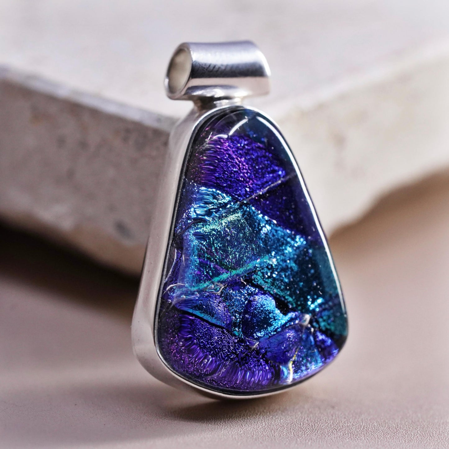 Vintage sterling 925 silver handmade teardrop pendant w/ dichroic foiled glass