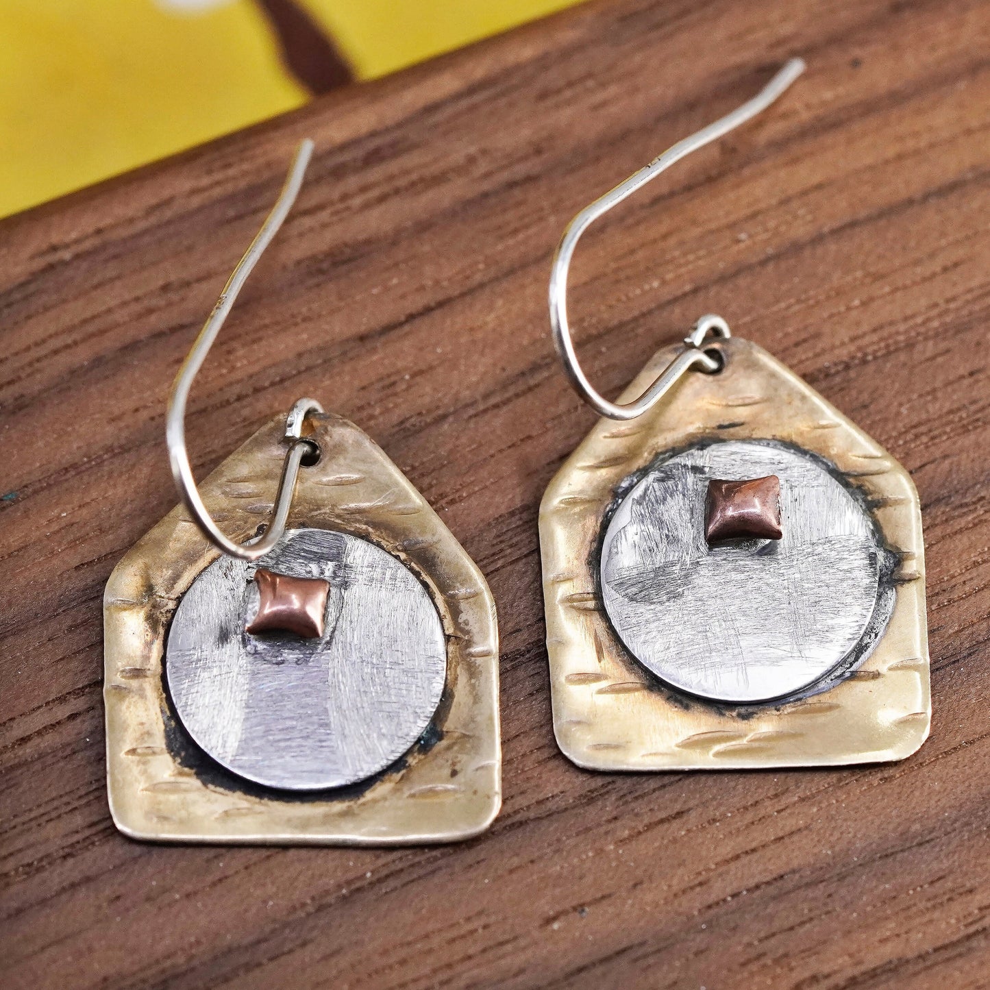 Vintage triple tone Sterling silver handmade earrings, Modern 925 flatten disc