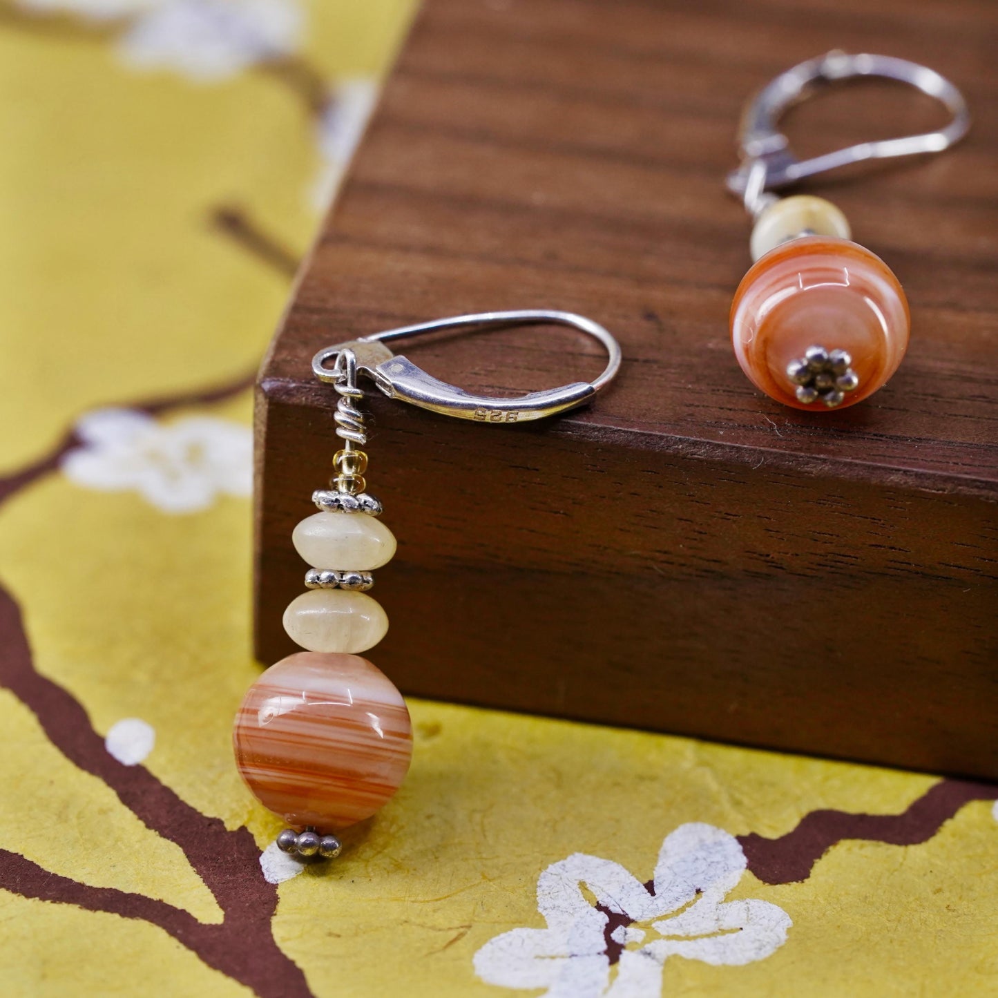 VTG Sterling silver handmade earrings, 925 lever back hooks orange agate beads