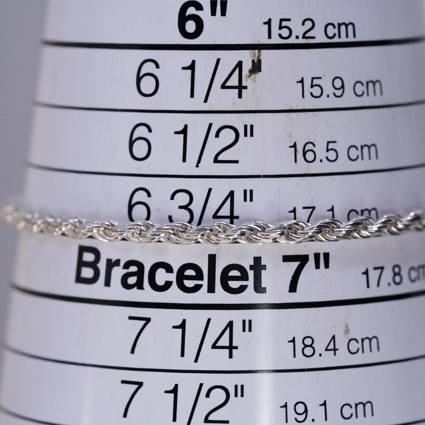 7" 3mm, Vintage Italian sterling 925 silver rope chain bracelet